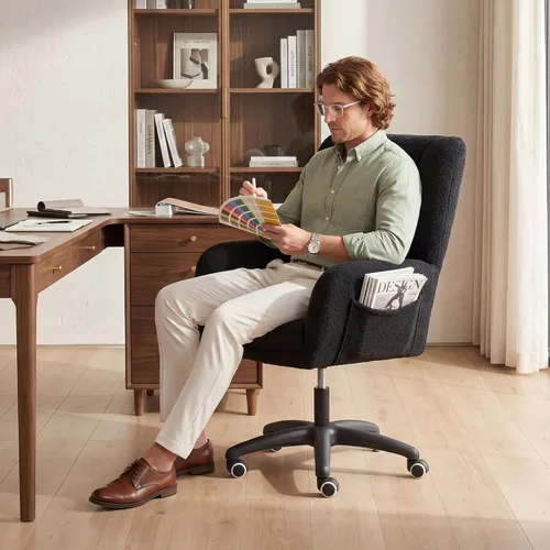 Miniatura 9 de FOXHUNTER Silla de tocador con respaldo ergonómico y ruedas, silla giratoria de 360°, silla de oficina en casa de altura ajustable para sala de Negro