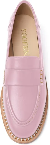 Miniatura 3 de FOGEENA Mocasines de cuero mate para mujer, estilo casual, sin cordones, punta redonda, tacón bajo grueso, zapatos de vestir de 1 pulgada