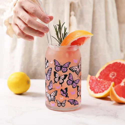 Miniatura 2 de Nefelibata Vaso de cerveza de vidrio con diseño de mariposa que cambia de color, 16 onzas, diseño de cola de golondrina pastel, con tapa, pajita