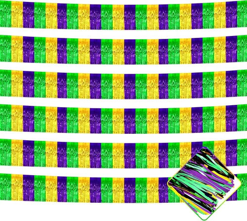 Miniatura 24 de Paquete de 10 unidades de guirnalda de flecos de papel de aluminio de 10 pies con lentejuelas metálicas, bandera para colgar en la pared, telón