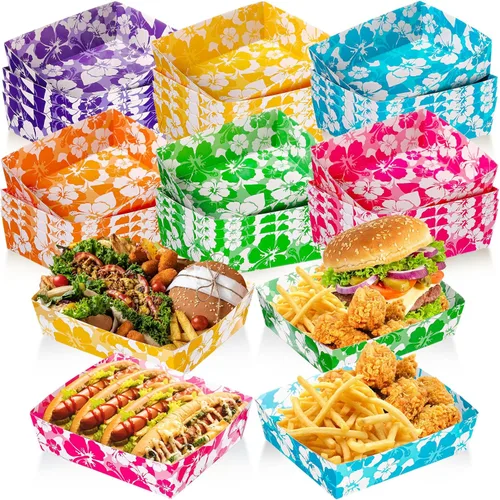 Nitial 24 bandejas de papel de hibisco para fiestas, desechables, barcos de comida para fiestas, decoraciones temáticas hawaianas de 5 libras,