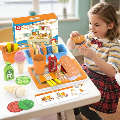 Miniatura 5 de Juegos de comida plegables de madera para jugar, contador de sándwiches con almacenamiento, 56 piezas de juguete de cocina de juego de simulación