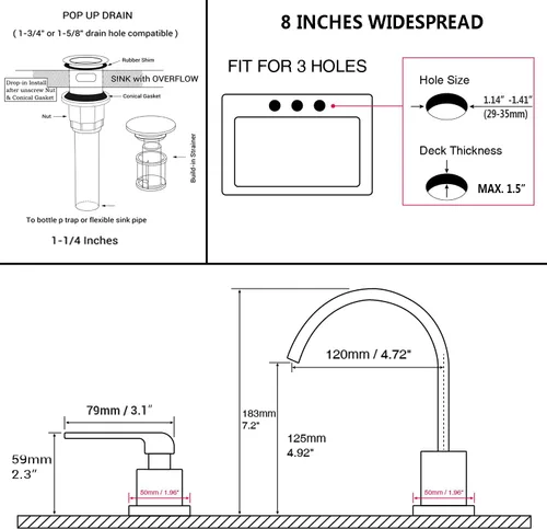 Miniatura 7 de TRUSTMI Grifo de baño generalizado de 3 agujeros de 8 pulgadas de níquel cepillado para fregadero de baño con desbordamiento emergente de drenaje