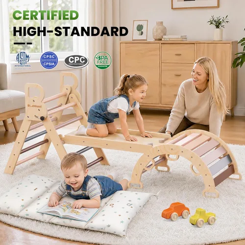 Miniatura 8 de BlueWood Pikler - Juego de triángulos con cojín, juguetes de escalada para niños pequeños 9 en 1, juego de filosofía Montessori, gimnasio