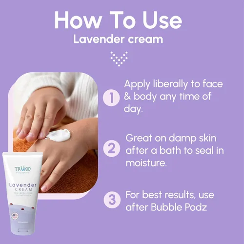 Miniatura 7 de TruKid Lavender Bubble Podz, juego de crema para bebés y guantes de burbujas, paquete relajante de baño y cuidado de la piel para niños