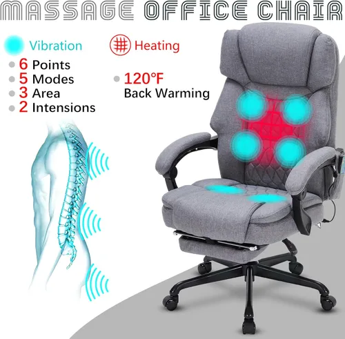 Miniatura 2 de Silla de Oficina de Masaje con Calor, Silla de Oficina Reclinable con Reposapiés, Sillas de Escritorio para el Hogar con Vibración de 6 Puntos