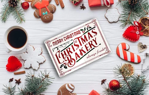 Miniatura 7 de Cartel de hojalata navideña con texto en inglés «Always Fresh «Christmas Bakery Always Fresk», decoración navideña para cocina, cafetería, bar