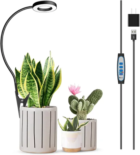 Luz de cultivo con clip, luces de plantas de halo de 6000 K para cultivar plantas pequeñas, lámpara LED de espectro completo con temporizador de