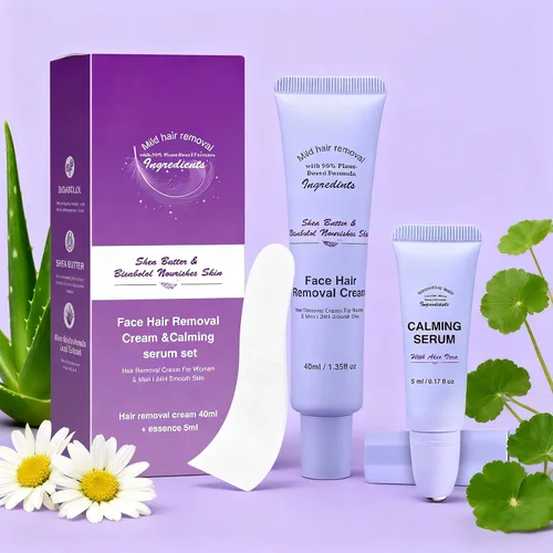 Crema depilatoria facial para mujeres, kit de cremas depilatorias faciales suaves con raspado, suero calmante, crema removedor de vello corporal y