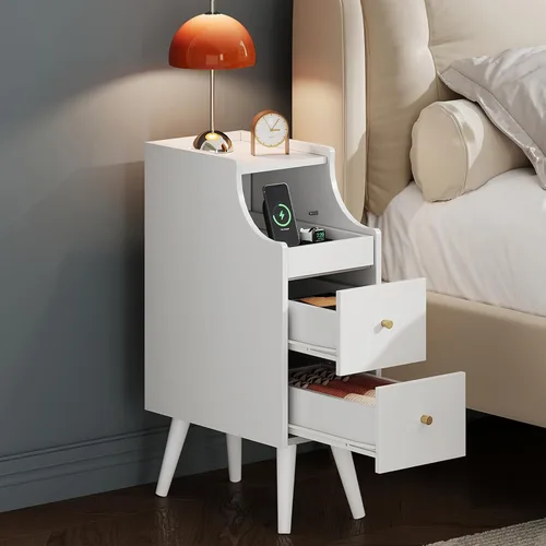 Miniatura 10 de WLIVE Mesita de noche pequeña con cajones, mesitas de noche estrechas con estante abierto y orificio para cable, mesita de noche estrecha