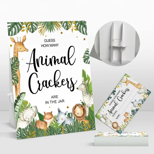 Celepaty 50 juegos de safari para baby shower, tarjetas de juego Safari Guess How Many Animal Crackers con letrero, juegos de ducha temáticos de