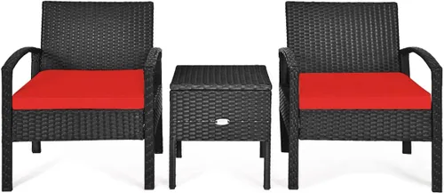 RELAX4LIFE Juego de 2 sillas de patio con mesa auxiliar, juego de 3 sillas de porche con cojines extraíbles y mesa de cristal, sillas de mimbre para