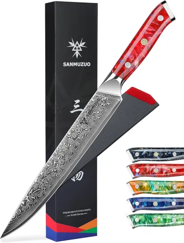 Miniatura 8 de Cuchillo para cortar carne de cocina de 9 pulgadas, serie Xuan, VG10, acero de damasco con mango de resina (verde jade)