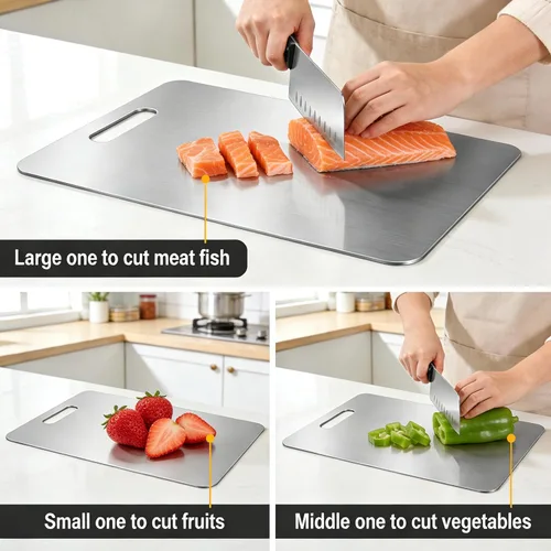 Miniatura 5 de Paquete de 3 tablas de cortar de acero inoxidable, tablas de cortar para cocina de 13 x 9 pulgadas, 11.8 x 7.87 pulgadas, 9.4 x 5.9 pulgadas, tabla