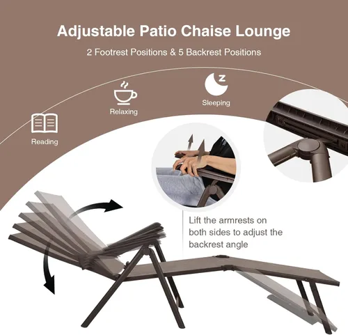 Miniatura 4 de Giantex Sillón de patio plegable, tumbona para tomar el sol al aire libre con respaldo de 5 posiciones, reposapiés de 2 posiciones, marco de acero