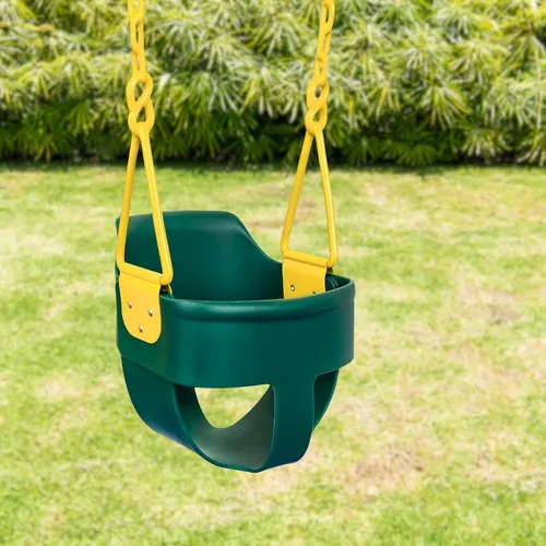 Miniatura 8 de Asiento de columpio para bebé de respaldo alto estilo cubeta Premium con agarre para dedos, cadenas recubiertas de plástico y mosquetones para fácil