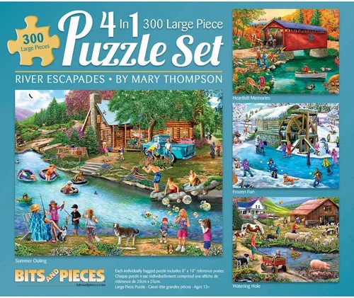 Bits and Pieces Rompecabezas de 300 piezas 4 en 1 para adultos – River Escapades por la artista Mary Thompson, tamaño del rompecabezas completado: