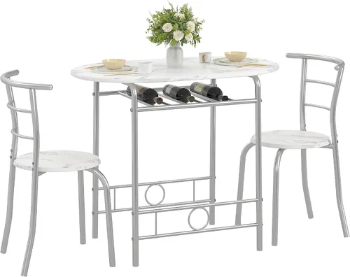 Miniatura 9 de VECELO Juego de mesa de comedor de 3 piezas para rincón de desayuno, mesa ovalada de mármol sintético y marco de metal con estante de vino Blanco