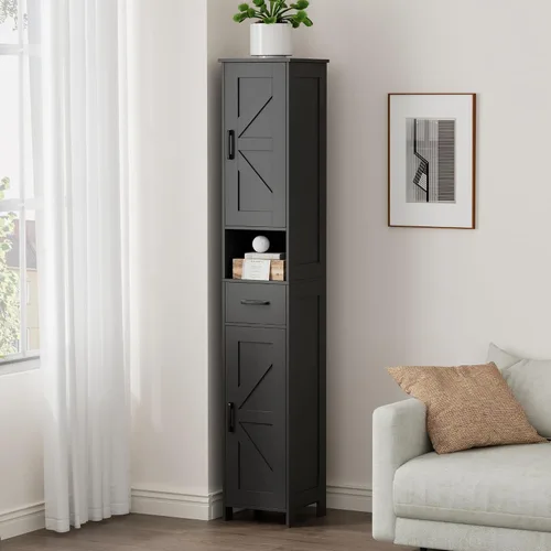 Miniatura 7 de HOMHEDY - Armario alto de 67 pulgadas con 2 puertas tipo granero, 1 cajón, estantes ajustables, unidad estrecha para baño, sala de estar, entrada