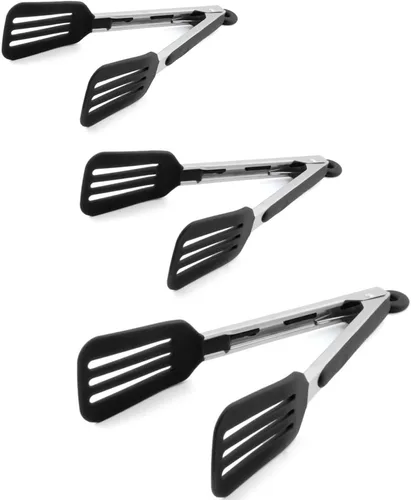 Juego de 3 pinzas de cocina de acero inoxidable y silicona, color negro (7 pulgadas, 9 pulgadas, 12 pulgadas), resistente al calor, antiadherente,