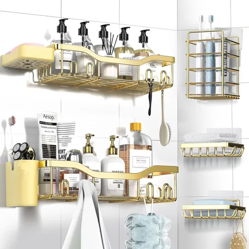 Miniatura 30 de NESOMI Organizador de Ducha Adhesivo Juego de 7 Piezas, Estantes de Baño de Acero Inoxidable a Prueba de Óxido, Accesorios de Almacenamiento sin