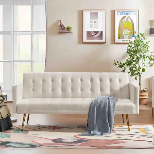 Sofá cama futón moderno de terciopelo de 70 pulgadas, sofá cama convertible con patas y reposabrazos de metal, sofá biplaza tapizado plegable,