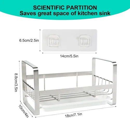 Miniatura 5 de TEZZ Soporte para esponjas de cocina, organizador de fregadero de acero inoxidable para guardar esponjas, cepillos y dispensador de jabón para Plata