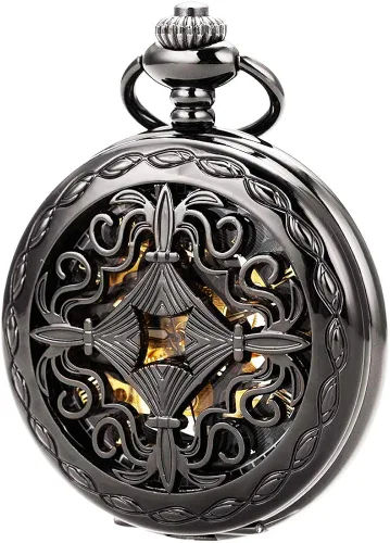 Miniatura 5 de ManChDa Reloj de bolsillo mecánico vintage negro con cadena para hombres + caja