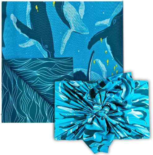 Miniatura 10 de SHIKIWRAP Envoltura de regalo de tela reutilizable – Pequeño 18 pulgadas azul profundo ecológico reversible, envoltura de tela Furoshiki elástica