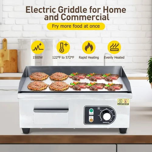 Miniatura 2 de Parrilla eléctrica comercial de 14 pulgadas Parrilla eléctrica de encimera de 1500 W, placa de parrilla eléctrica antiadherente Teppanyaki de 110 V
