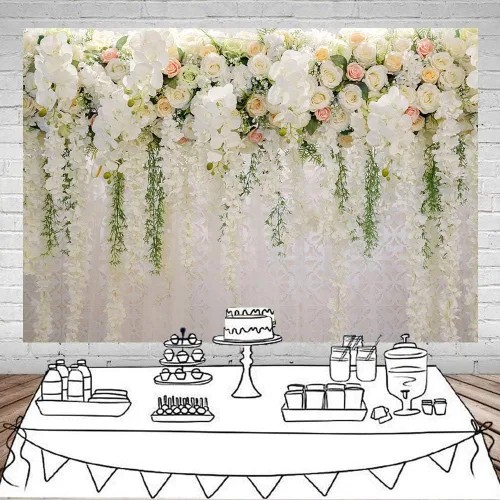 Miniatura 2 de Mocsicka Telón de fondo de pared de flores de boda para sesión de fotos, decoración de boda para recepción, pancarta de fondo floral de rosa blanca