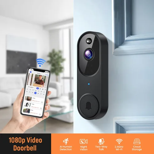 Miniatura 2 de GridTera Cámara de timbre de video inteligente inalámbrica, detección humana con IA y alertas instantáneas, visión nocturna, audio de 2 vías