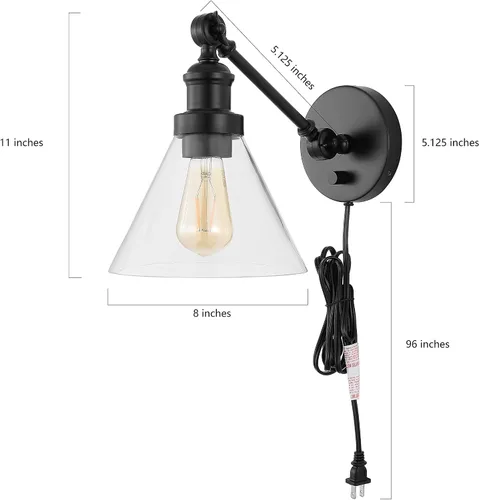 Miniatura 6 de JONATHAN Y Aplique de pared LED ajustable de níquel de 8 pulgadas, lámpara de pared enchufable con interruptor de atenuación, pantalla de vidrio