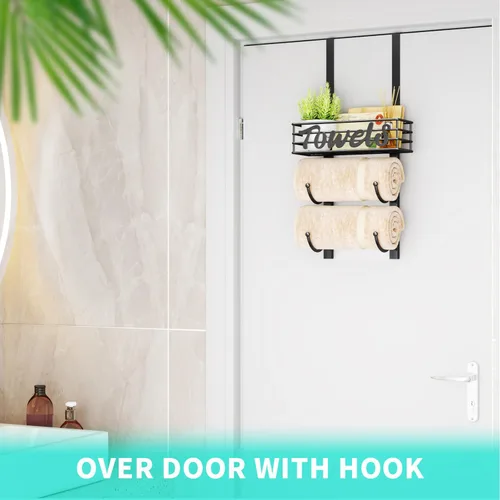 Miniatura 4 de HapiRm Toalleros para almacenamiento de baño, 3 niveles sobre la puerta y montaje en pared, organizador de toallas enrollado con cesta de estante