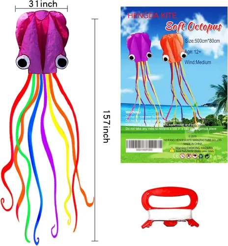 Hengda Kite Soft Octopus Kite Series, Beautiful Kite with Long Colorful Tail for Kids and Adults, Easy to Fly Beach Kites, Excellent Outdoor Games