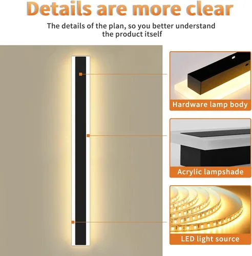 Miniatura 109 de Luz de pared exterior moderna de 47 pulgadas, accesorios de iluminación exterior de acrílico negro de 3000K, montaje en pared, luces de porche
