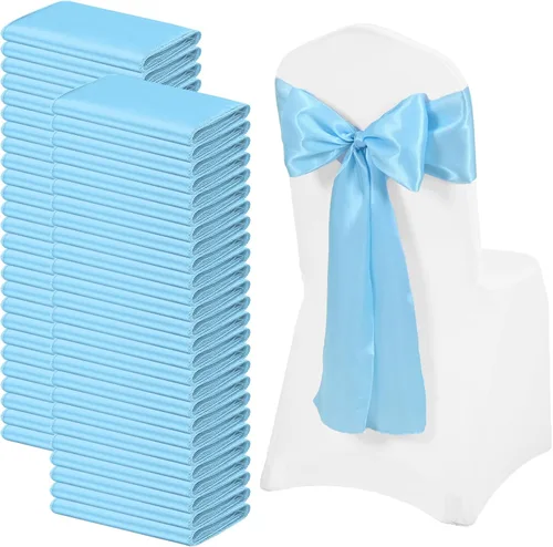 72 bandas de satén para silla, color azul bebé, lavables y reutilizables, fundas universales para silla, suministros para atar en la espalda para