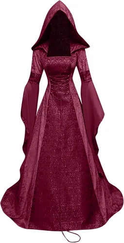 SHOPESSA - Vestido gótico con capucha medieval, vestido renacentista, manga con volantes, estilo victoriano, con corsé, rojo