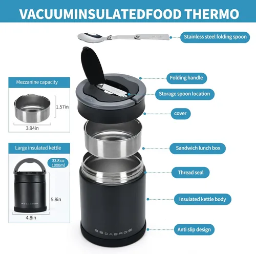 Miniatura 3 de Termo para comida caliente 33.8 OZ, frasco de comida aislado al vacío para adultos, termo de sopa de acero inoxidable de boca ancha a prueba de Negro