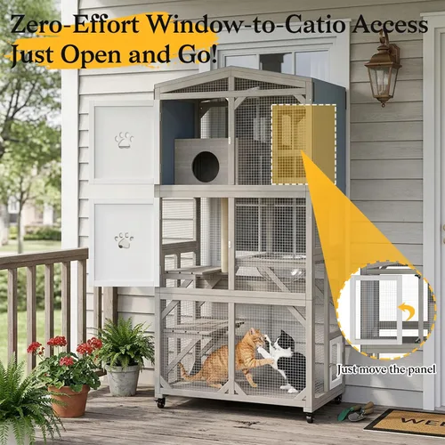 Miniatura 4 de Catio - Caja para gatos de 66.2 pulgadas con ruedas y acceso a la ventana, casa grande para gatos al aire libre para balcón, patio, jaula de madera