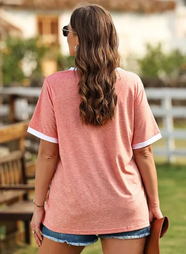 Miniatura 26 de Eytino Blusas de talla grande para mujer, cuello en V, manga corta, a rayas, casual, holgada, con bolsillo (1X-5X)