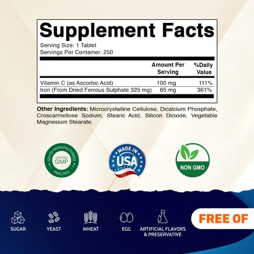 Miniatura 10 de Vitamatic Sulfato ferroso 325 mg con vitamina C 100 mg (65 mg de hierro elemental) – Suplemento de hierro de alta potencia – Sin