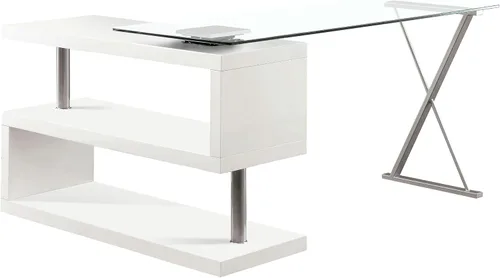 Furniture of America Lilliana - Escritorio moderno giratorio de cristal en forma de S para oficina en casa, sala de estudio, color blanco