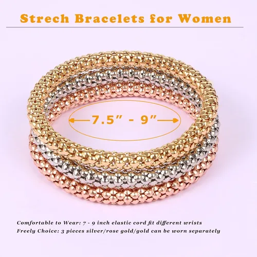 Miniatura 5 de Stretch Bracelets for Women GoldSilverRose Gold Elastic Bracelet Set for Women 3 PCS Stackable Bracelets Multilayer Charm Bracelet Valentines Day