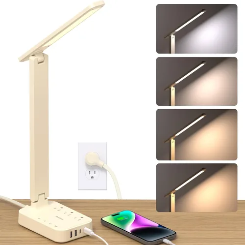 Miniatura 14 de Addtam Lámpara LED de escritorio, tira de alimentación con 3 tomas, 4 puertos de carga USB (2 USBC), 4 modos, lámpara táctil de 5 niveles de brillo