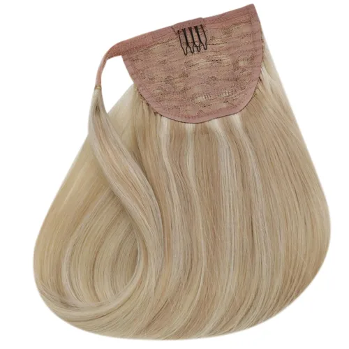 Miniatura 9 de Easyouth Extensión de cabello humano rubio con cola de caballo, extensiones de cabello humano rubio dorado con reflejos rubios, extensiones