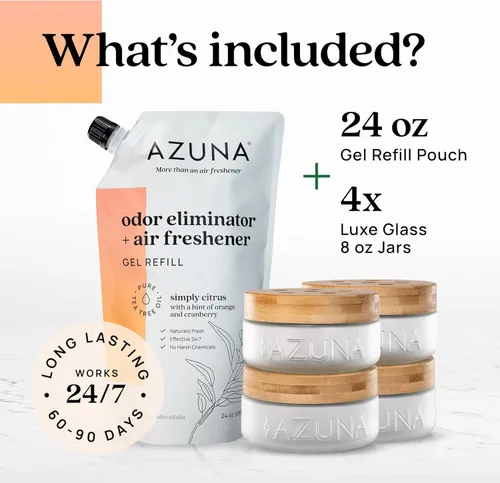 Miniatura 6 de Azuna Ambientador y Eliminador de Olor para Malos Olores Kit de 4 Habitaciones Incluye (4) Frasco de Vidrio Luxe Vacío y Recarga de Gel de 24oz