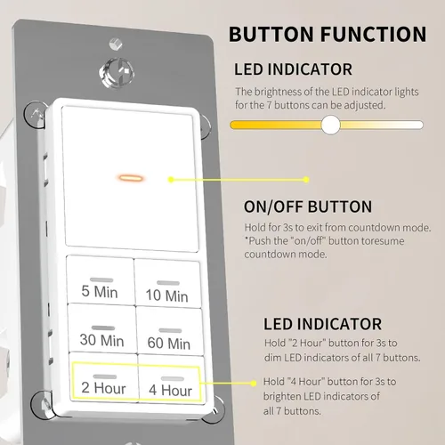 Miniatura 2 de Interruptor temporizador de cuenta regresiva Minoston para ventiladores y luces de baño, 5/10/30/60 minutos, 2/4 horas, interruptor temporizador
