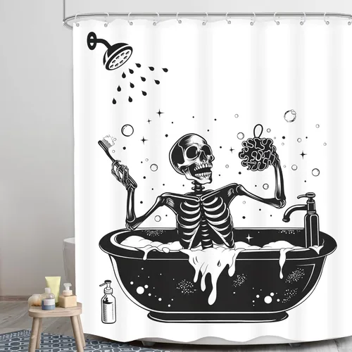 Miniatura 3 de Juego de cortinas de ducha divertidas con diseño de calavera y esqueleto de Halloween para baño, 60 pulgadas de ancho x 71 pulgadas de alto