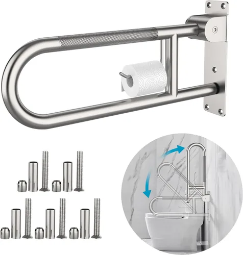 Miniatura 16 de Munzong - Barra de agarre para inodoro en forma de U de 32 pulgadas, riel de soporte antideslizante blanco, barra de agarre abatible para baño